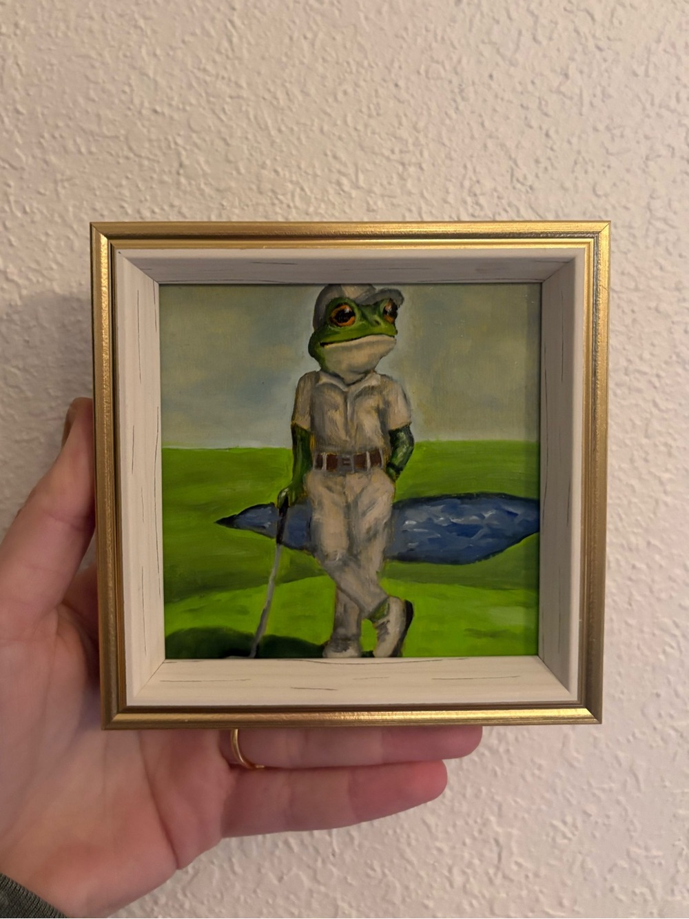 "Frog on the Greens” Original oil painting on wood board mini framed 4x4"
